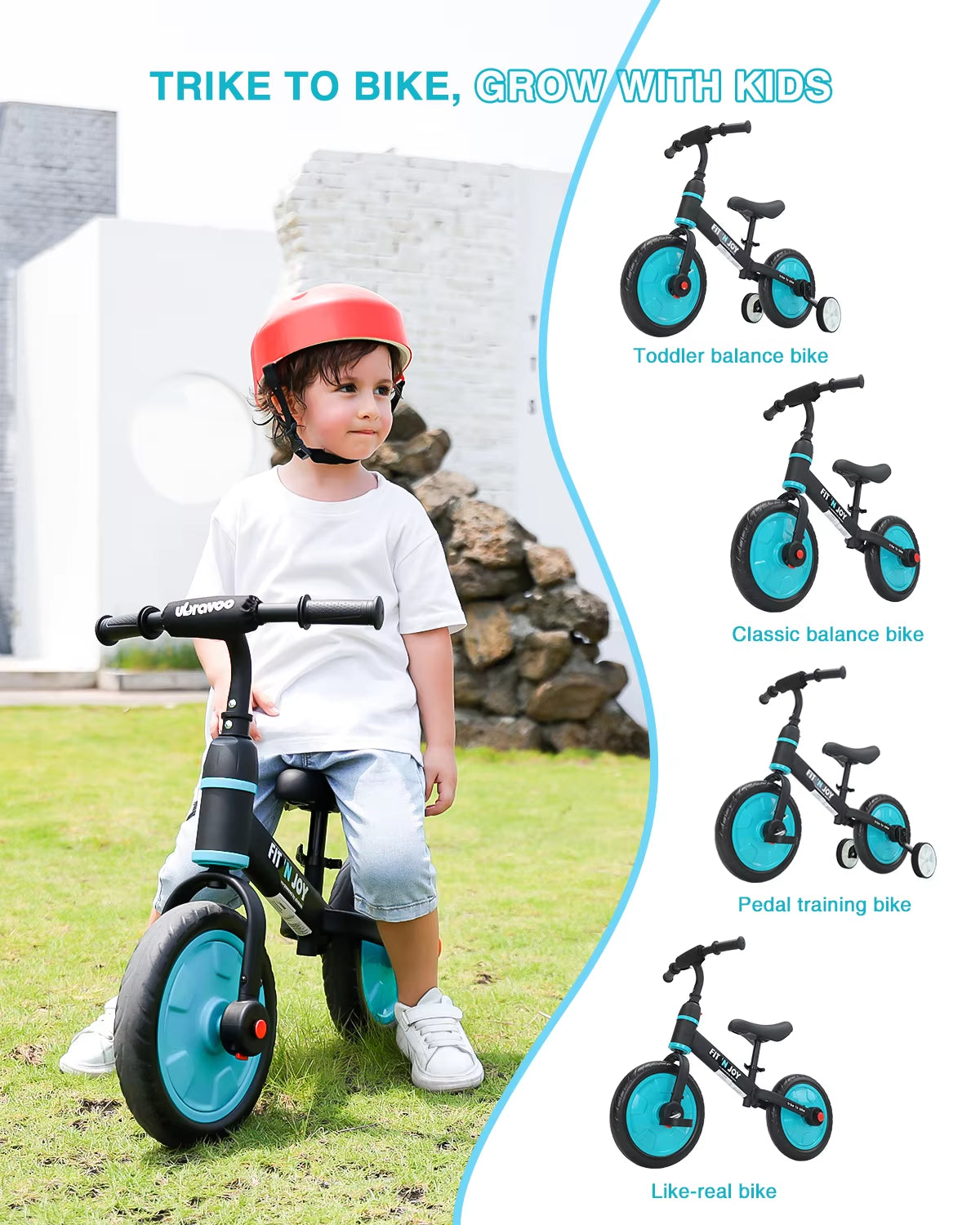 UBRAVOO Fit 'N Joy Beginner Toddler Training Bicycle for Boys Girls 2-4, 4-In-1 Kids Balance Bike with Pedals & Training Wheels