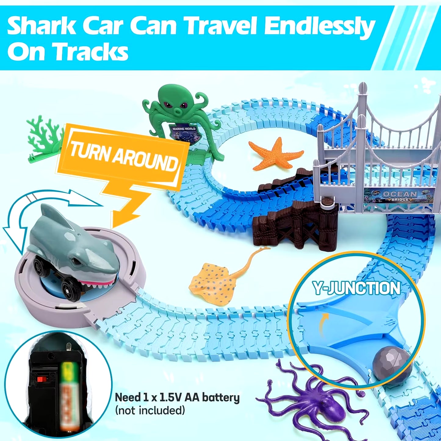 Track Toys Shark Race Car Toy for Boys Girls Age 3+ Bendable Flexible Racetrack Cars Ocean Train Toy STEM Educate Kid Set