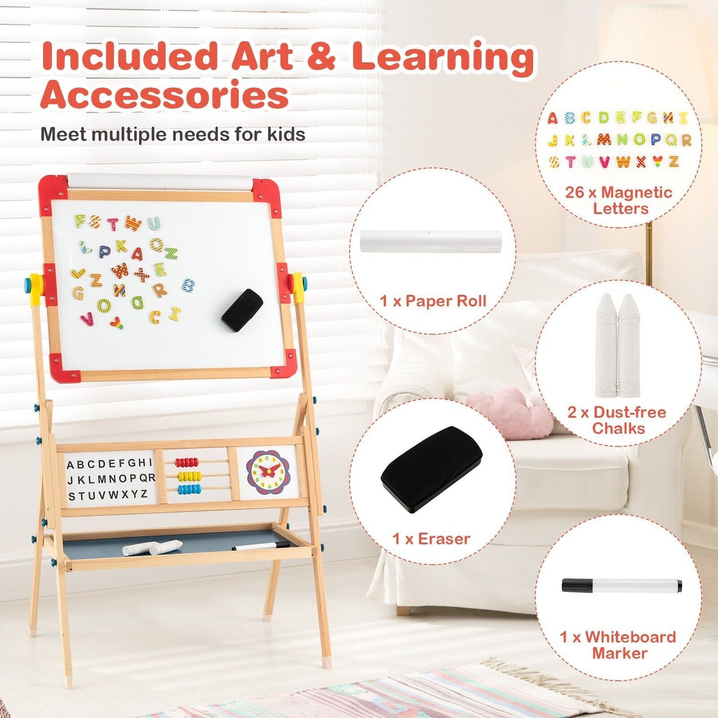 3-In-1 Freestanding Kids Art Easel with Double-Sided Drawing Board